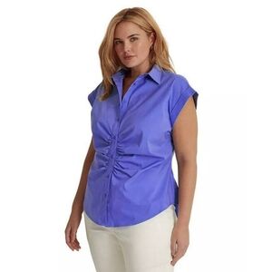 Lauren Ralph Lauren Black Label Cotton Blue Shirred Stretch Cotton Shirt Size 14